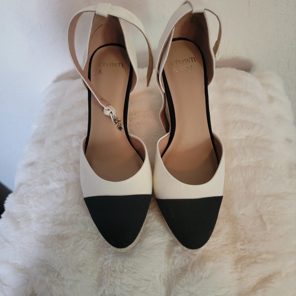 Cream and black wedge heel shoes